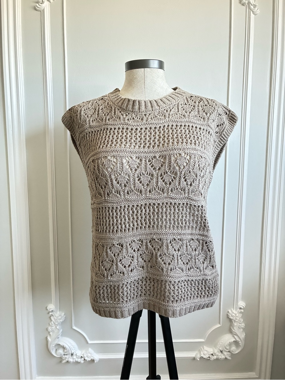 Cyrus Taupe Open-Knit Sleeveless Sweater Vest